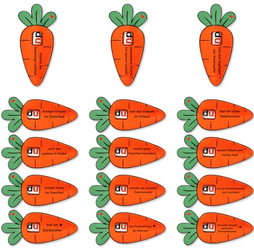 Giftota 15pcs Ostergeschenke - Lustige Karotte Deko für Kinder, Erwachsene - Hülle Filz Duplo Ostern Geschenk Verpackung mit 15 verschiedene Ostergeschenkgrüße, Ohne Schokolade