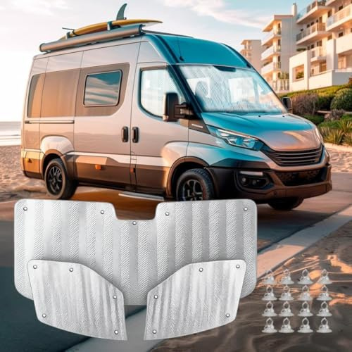 MJS Juego de parabrisas térmico interno y cubierta de ventana compatible con Iveco Daily 2014-2026 (3 piezas), pantalla térmica para ventana de cabina de caravana con ventosas, parasol de aislamiento