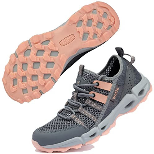 Ranberone Chaussures de Sport en Plein Air Antidérapantes Chaussures Eau en Maille Respirante Chaussures de Randonnée Chaussures de Marche Été pour Femme Gris Orange 37