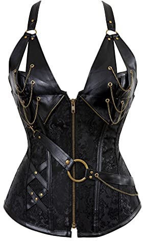 Hengzhifeng Steampunk Corsage mit Träger Damen Kunstleder Korsage Mittelalter Korsett Top (EU 30-32,Schwarz)