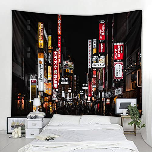 QAWD Tokyo Nachtansicht Wandteppich Stadt Nachtleben im japanischen Stil Wandbehang Dekoration böhmische bedruckte Decke A1 150x200cm