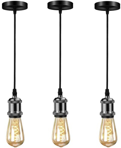 Biqing 3PCS Vintage Pendant Lighting Ceiling Rose Lamp Fitting E27 Socket with Flex Cable for Dinning Room Hall Bedroom,Brushed Nickel, Pearl Black