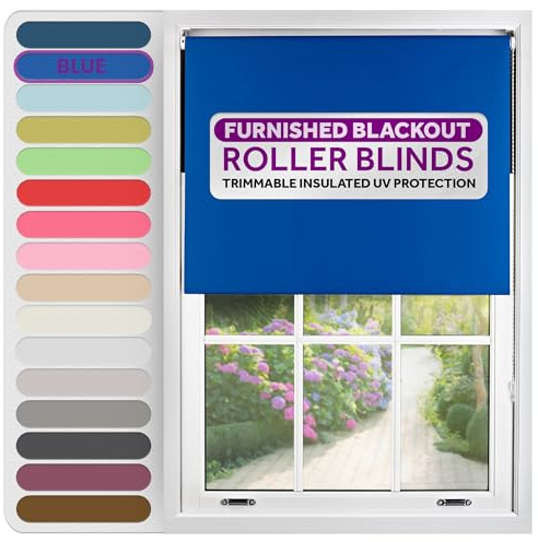 FURNISHED Roller Blinds Thermal Blackout Roller Blind - Trimmable Insulated UV Protection Child Safe Easy Fit Home Office Window Blinds, Blue, 185 cm Wide x 210 cm Long