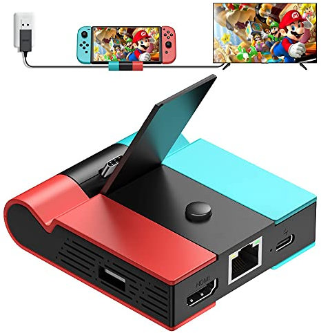 Mcoplus RTT02-4 Switch TV Dock Station para Nintendo Switch/Switch OLED, equipado con soporte plegable y soporte tipo C de hasta 1000 Mbps HDMI/1000 Mbps RJ45 Ethernet adaptador/USB 3.0/PD (tipo C)