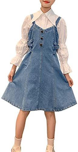 Salopette Jeans Bambina Gonna Vestito Jeans Ragazza Abito Casual Vestito in Denim e Camicia 2 Pezzi per Bambini Blu 160