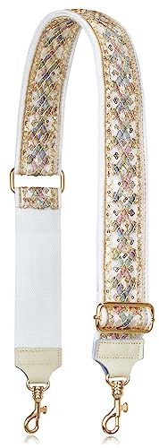 ALLZEDREAM Taschengurt Schultergurt Zum Wechseln Verstellbarer Umhängetasche Handtasche Schultertaschen 5CM Breiter Stickerei Spitze Pailletten, Diamant Beige-Echtleder Enden