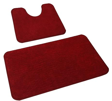 Rururug Badezimmerteppich Set 2 Teilig, Weiche Mikrofaser Badezimmermatte und wc Vorleger mit Ausschnitt, rutschfeste Badematte, Waschbar Badvorleger Set Rot, 50x80+50x40 cm