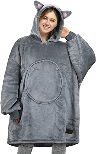 Catalonia Classy Übergroße Graue Katze Sherpa Hoodie Decke, Flauschige Warme Kuscheldecke mit Ärmeln und Kapuze, Tragbare Decke zum Anziehen als Geschenkidee für Damen Herren Kinder