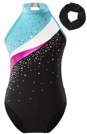 TTAO Kinder Mädchen Ärmellos Gymnastik Trikot mit Haarband Trikotanzug Tanz Gymnastik Training Dancewear Gymnastikbody Gymnastikanzug blauer See 170