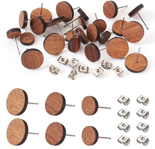 Spritewelry Holz-Ohrstecker aus natürlichem Walnussholz, flach, rund, mit Ohrmuttern, für Mädchen und Frauen, DIY-Ohrringe, Schmuckherstellung, 24 Stück