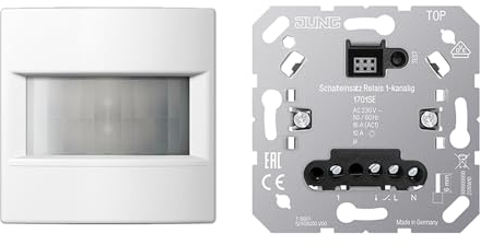 JUNG Home Bewegungsmelder-Set mit 1701SE Schalteinsatz Relais 1-Kanalig + BTLS17181WW Bewegungsmelder 1,1 m Thermoplast Alpinweiß Serie LS