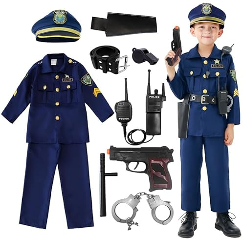 Udekit Polizei Kostüm Kinder mit Walkie-Talkie Taktstock Halfter Trillerpfeife Polizei Spielzeug für Jungen Halloween Karneval Cosplay für 9 bis 12 Jahre