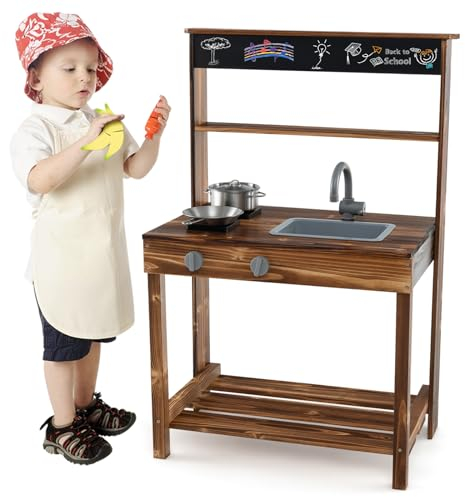 GOPLUS Matschküche für Kinder, Spielküche Outdoor mit Tafel, Herd, abnehmbarem Waschbecken, Drehknöpfen und Kochgeschirr, Kinderküche aus Holz für Kinder ab 3 Jahren, Natur