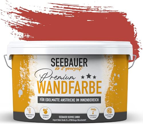 SEEBAUER diy Wandfarbe Rot 2,5L für Innen (No. 330 Heavy Red) Edelmatte dunkelrote Innenfarbe - Rottöne sehr hohe Deckkraft - Matt, Abwaschbar und Tropffrei