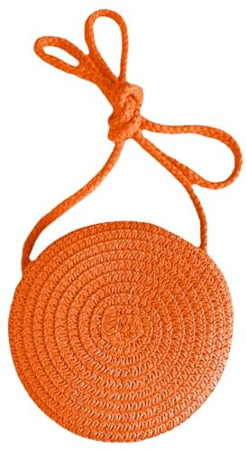 Jamron Handgefertigte Rund Strohtasche Crossbody Umhängetasche Böhmische Strandtasche mit Reißverschluss SN0702152 Mini Orange