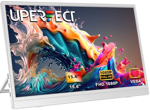 UPERFECT 15,6 Pulgadas Monitor Portátil con Pantalla IPS Full HD 1920 x 1080 de 1200:1 y Soporte Integrado Mini HDMI USB C para Laptop Consola de Juegos Smartphone, Compatible con VESA, Blanco