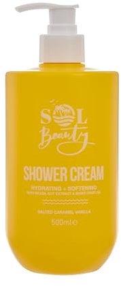Sol Beauty Shower Cream Salted Caramel Vanilla Scent with Brazil Nut Extract and Buriti Fruit Oil, Hydrating and Softening Vegan Friendly Shower Gel 500ml