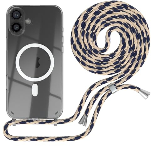 EAZY CASE - Handykette kompatibel mit iPhone 16 Plus Kette zum Umhängen Handyhülle für Apple iPhone 16 Plus Silikon Hülle mit Band Handytasche Transparent Fallschutz in Taupe Camouflage - Clips Silber