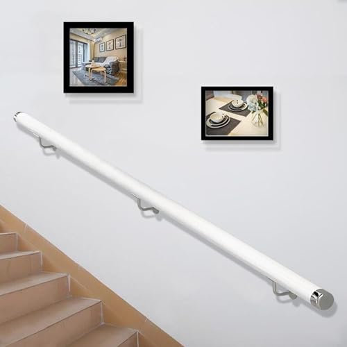 Corrimano per Scale In Legno, Interna Ringhiere Per Scale, Antiscivolo Ringhiera da Parete Legno Massello, Parete Asta di Supporto con Passamano Kit, Con 2 Staffa Per Anziani (bianco, 150cm)