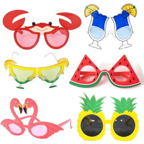 Falafoty 6 Pairs Luau Party Sunglasses,Funny Hawaiian Glasses Novelty Party Glasses, Hawaiian Sunglasses Summer Beach Party Photo Booth Props Tropical Fancy Dress Favors for Kids Adults Party Eyewear