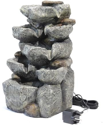 Warmiehomy Garden Fountains and Water Features, 5 Tier Electric Cascading Rock Fountain, Waterfall with Pump and LED Lights for Outdoor, Garden Ornaments Outdoor Indoor Height 49CM, Grey