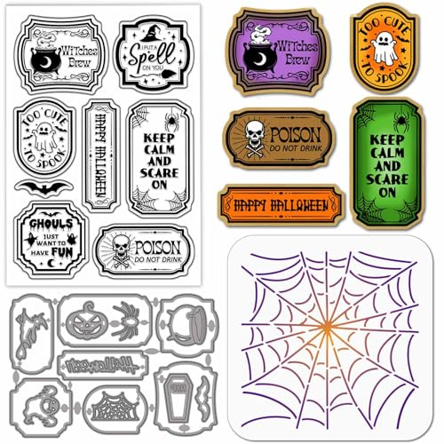 GLOBLELAND Halloween Trank Etikett Transparenter Silikonstempel Metallrahmen Kürbis Stanzformen Halloween Web Farb Bastelschablonen Für Kartenherstellung Scrapbooking Basteln DIY Prägen
