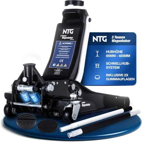NTG Cric hydraulique 3T - Charge maximale : 85 à 485 mm - Avec 2 patins en caoutchouc - Pour SUV et voitures surbaissées - Double piston - 3000 kg - Avec support magnétique et levage rapide