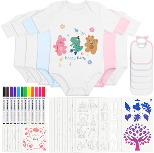 Aolso 12 Pcs Baberos para Pintar Bebés, 6 Monos Algodón de Manga Corta + 6 DIY Baberos Bebé con 12 Bolígrafos Textiles y 22 Plantilla de Pintura, Bodys para Pintar para Juegos de Babyshower(9-12M)