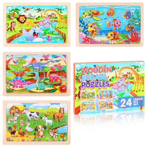 DERAYEE 4 Wooden Jigsaw Puzzles Set, 24 Pieces Animal World Gift Box Jigsaw Puzzle Educational Toys for Kids Age 3 Years Up