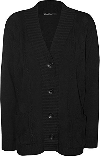WearAll Plus Size Womens Button Long Sleeve Pocket Top Ladies Knitted Cardigan - Black - 18-20