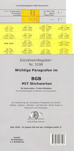 DürckheimRegister® -BGB- WICHTIGE §§ MIT STICHWORTEN Im Bürgerlichen Gesetzbuch 2022: 155 Registeretiketten (sog. Griffregister) für dein BGB • Mit ... In jedem Fall auf der richtigen Seite®