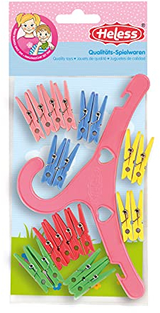 Heless 116 - Set aus 20 Wäscheklammern und einem Kleiderbügel, bunt, Zubehör für den Puppenhaushalt