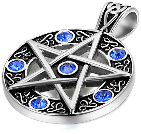 JewelryWe Schmuck Herren Pentagramm Kette, Retro Openwork mit blau Strass Anhänger, Edelstahl Halskette