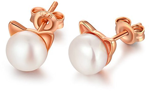 Boucles d'oreilles Chat pour Femmes Argent Sterling 925 Perle Boucles d'Oreilles à Tige Hypoallergénique Perles d'eau Douce Bijoux Cadeau pour Les Amoureux Des Chats or rose