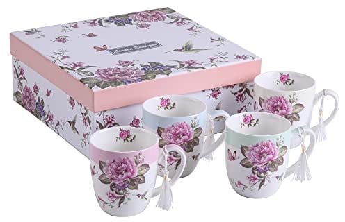 Set di 4 tazze da tè e caffè in porcellana - Design Shabby Chic con uccelli, rose e farfalle in confezione regalo - 330 ml