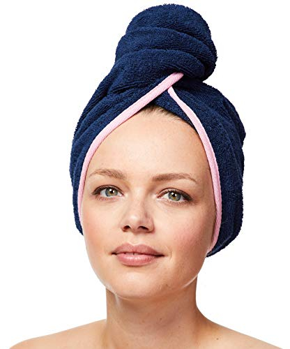 Sowel® Haarturban aus 100% Bio-Baumwolle, Turban Handtuch mit Knopf, Damen und Herren, Navy/Pink