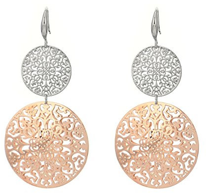 Orecchini pendenti da donna e ragazza, a forma di fiore cavo, in acciaio INOX placcati in oro rosa con cristallo e placcato Platino, colore: Silver and Gold Plated, cod. EH06127