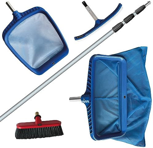 FenWi 10m Teleskop Pool Teich Set mit 2X Kescher und 2X Bürste/Teleskopstange mit Oberflächenkescher Tiefenkescher Poolbürste Teichbürste