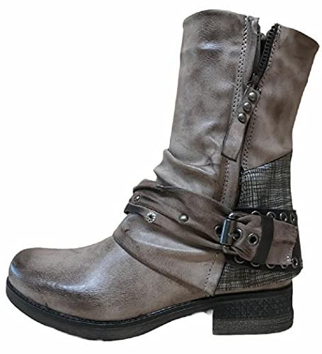 Damen Stiefeletten Biker Boots Stiefel mit Nieten Frauen Schuhe Blockabsatz Herbst Winter Bequeme Schuhe Schnallen - ST04 - Khaki - Größe 36