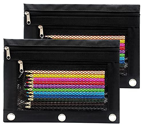 Cinvo Federmäppchen mit 3 Ringen, mit Reißverschluss, Federmäppchen aus Segeltuch mit 2 Fächern (2er-Set, schwarz)