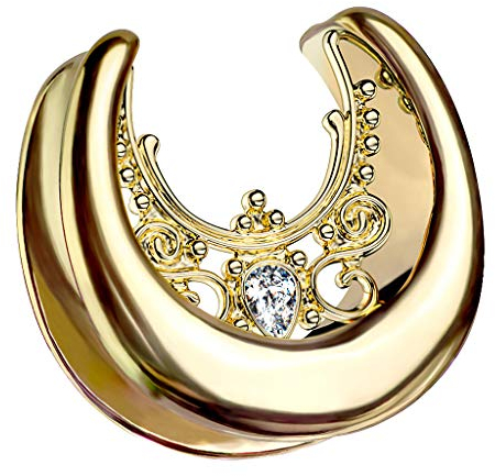 Halbrunder Flesh Tunnel Ohr Plug Piercing Spreader Halbrund Creole Ohrring Ohrpiercing Stahl Tribal mit Strass Glitzer Kristall Gold 12mm