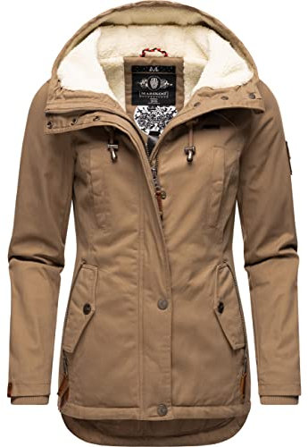 MARIKOO Damen warme Winterjacke mit kuscheliger Kapuze Bikoo Taupe Gr. XL