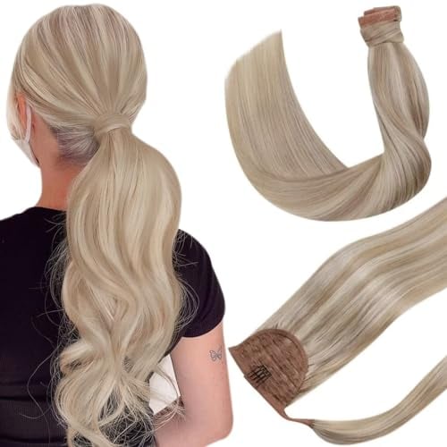 Ponytail Extensions Echthaar Blond Clip in Extensions Zopf Echthaar Menschliches Haar Ashblond Highlighted Hellblond #18/613 35cm 70g
