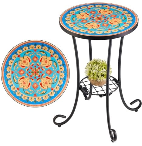 VONLUCE Mosaik Beistelltisch Runder Retro Mosaiktisch Metalltisch Kaffeetisch 35,5x54,5cm Blumenhocker Blumenständer Pflanzenständer Blumenregal mit Mosaikplatte 14 (Rot&Blau)