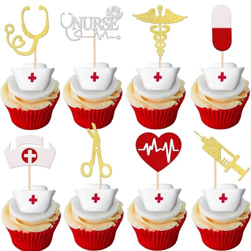 32 PCS Nurse Cupcake Toppers Glitter Nursing School Graduation Cupcake Picks Medical Rn Nurse Grad Themed Birthday Baby Shower Party Cake Decorations Supplies