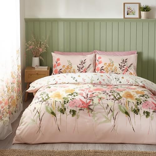 Catherine Lansfield Countryside Floral Reversible Double Duvet Cover Set with Pillowcases Pink