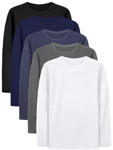 Cooraby 5 Pack Boys Long Sleeve Tees Boys' Long Sleeve Crewneck T-Shirts Kids Long Sleeve Soft T-Shirts Top