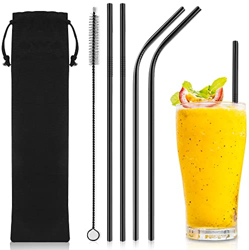 iShop Reusable Metal Drinking Straws – Set of 4 Premium Straws Black – Stainless Steel Drinking Straw with Cleaning Brush Eco-Friendly FDA BPA Free – Velvet Travel Pouch Ideal for Travel and Home