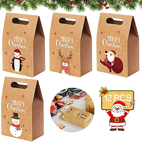 Geschenkbox Weihnachten, 12 Stück Kraftpapiertüten Partytüten, Geschenktüten Mit Griff für Süßigkeiten, Karton Geschenkverpackung, Partytasche für Geburtstag