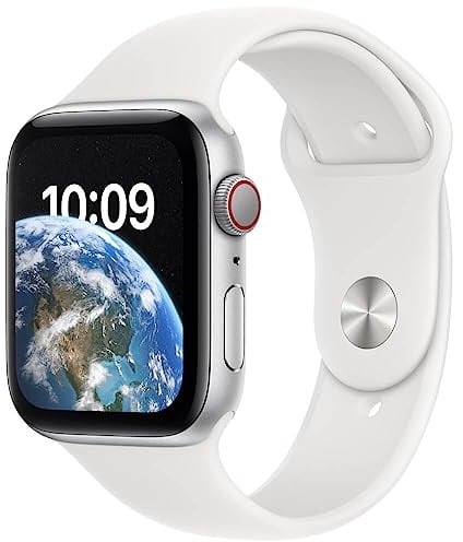 Apple Watch SE (2. Generation) (GPS + Cellular, 44mm) Smartwatch - Aluminiumgehäuse Silber, Sportarmband Weiß - Regular. Fitness-und Schlaftracker, Unfallerkennung, Herzfrequenzmesser